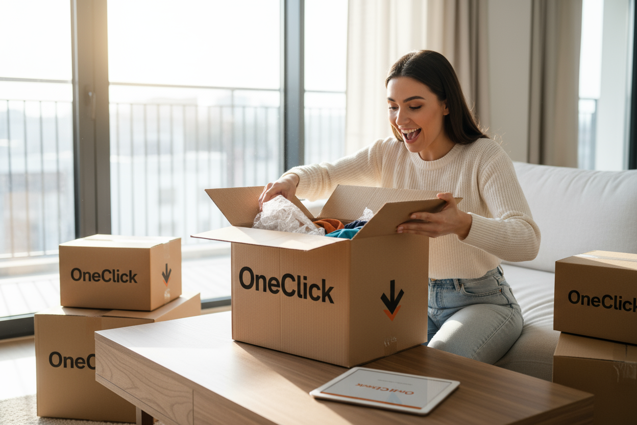 UNA MUJER ABRIENDO UNA CAJA DE COMPRAS DE ONECLICK